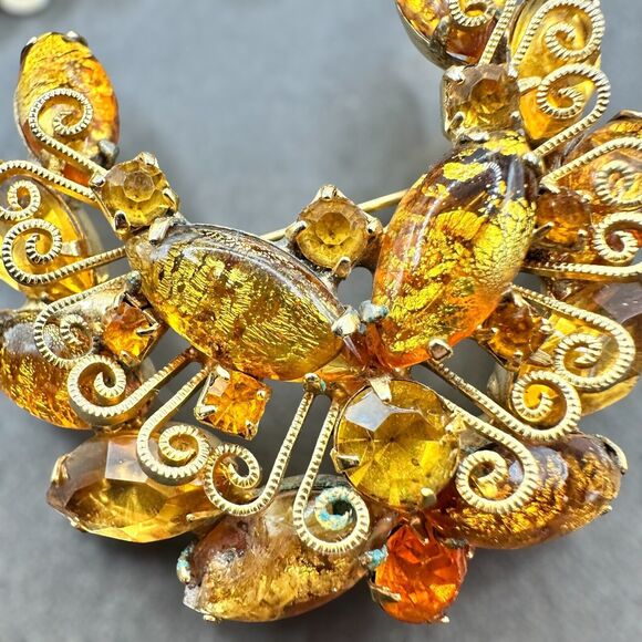 Vintage Juliana Style Topaz Foiled Glass Rhinestone Bug Brooch & Earring Set - Picture 2 of 6